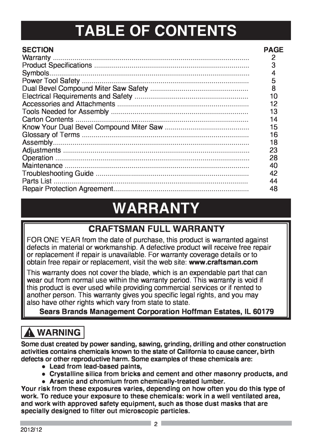 Craftsman 137.37564 manual Table Of Contents, Craftsman Full Warranty, Page, Lead from lead-based paints 