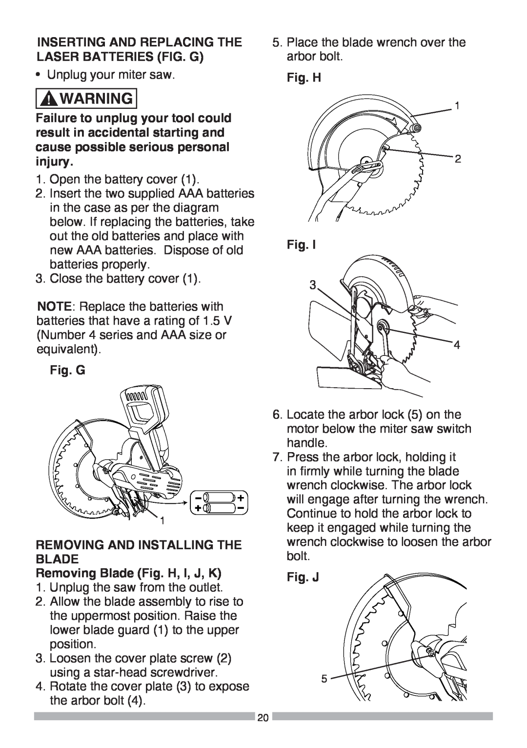 Craftsman 137.37564 manual Inserting And Replacing The Laser Batteries Fig. G, Fig. H, Fig. J 