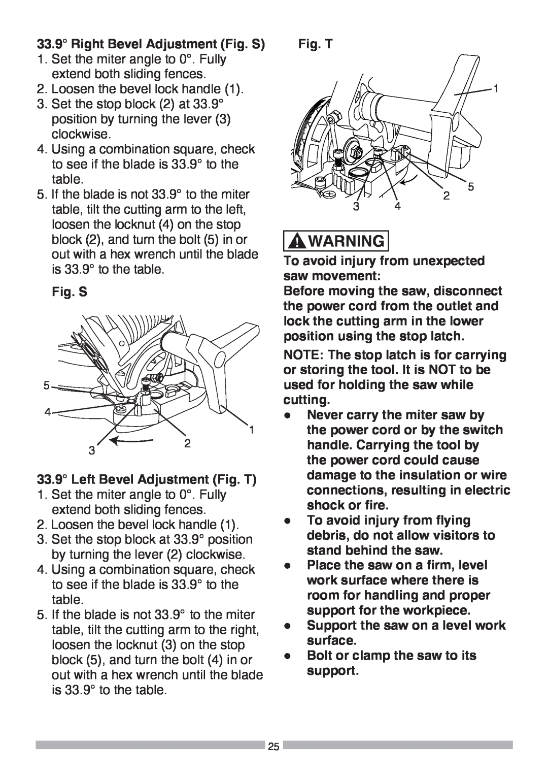 Craftsman 137.37564 manual Right Bevel Adjustment Fig. S 