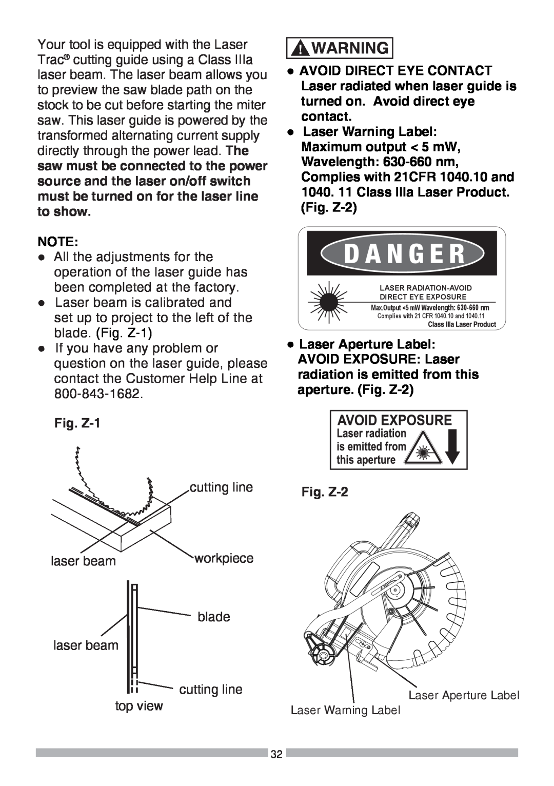 Craftsman 137.37564 manual Fig. Z-1, Laser Warning Label, cutting line, Fig. Z-2 