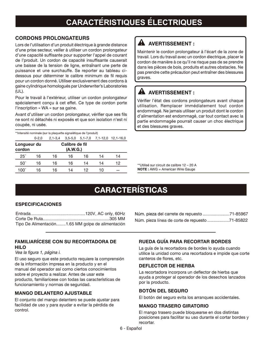 Craftsman 138.74544 manual Caracteristiques Electriques 