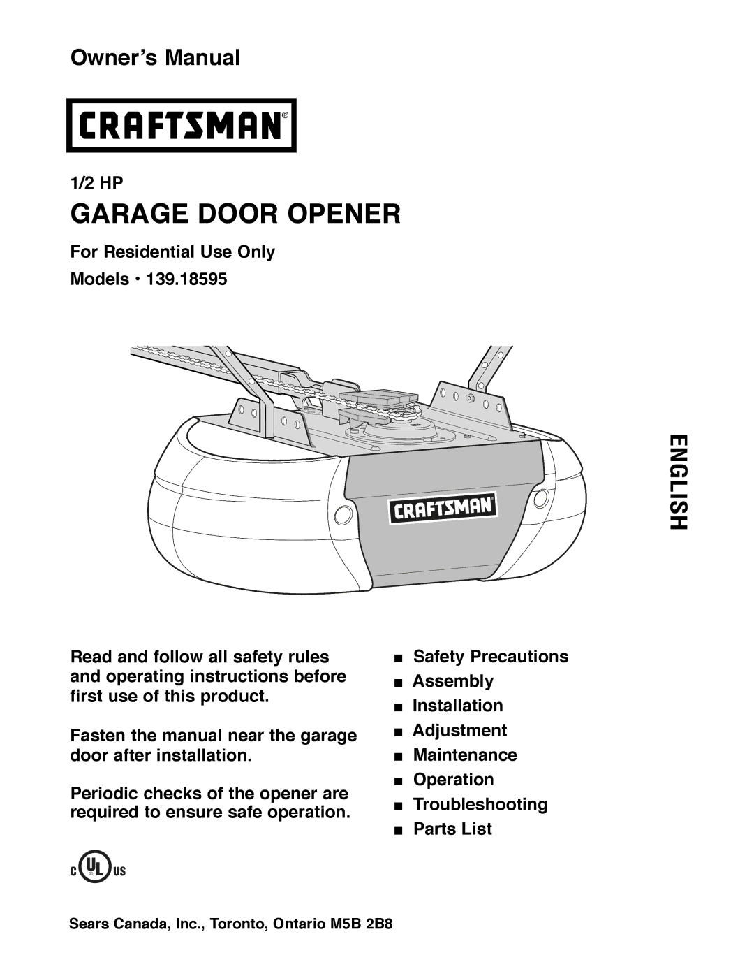 Craftsman 139.18595 owner manual Garage Door Opener 