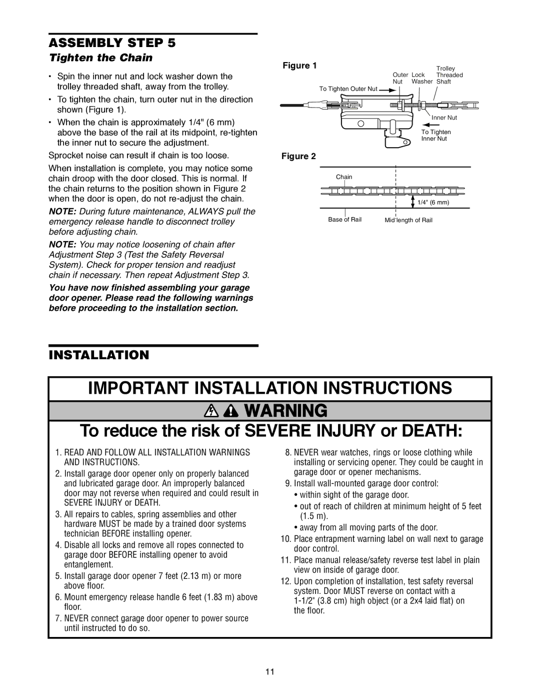 Craftsman 139.18595 owner manual Installation, Tighten the Chain 