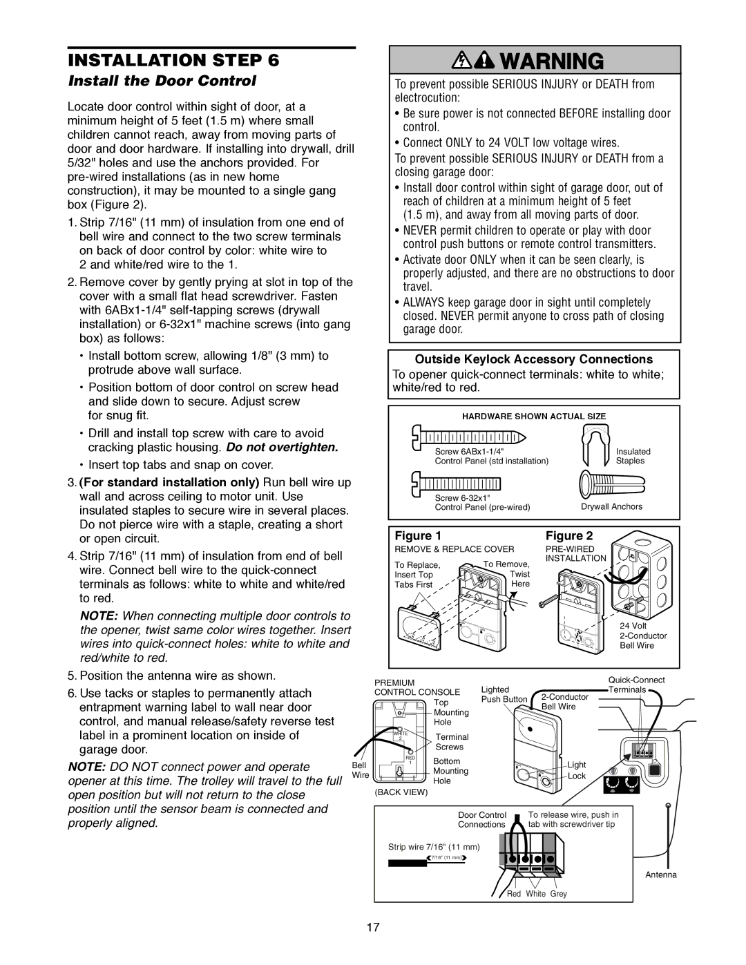 Craftsman 139.18595 Install the Door Control, To release wire, push, Tab with screwdriver tip, Strip wire 7/16 11 mm 