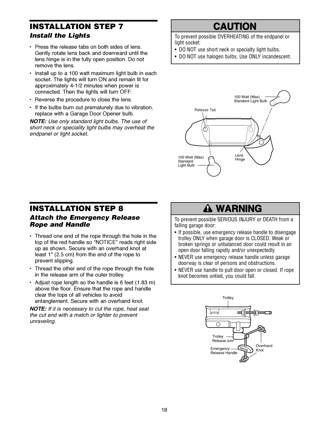 Craftsman 139.18595 owner manual Install the Lights, Attach the Emergency Release Rope and Handle, Release Tab 