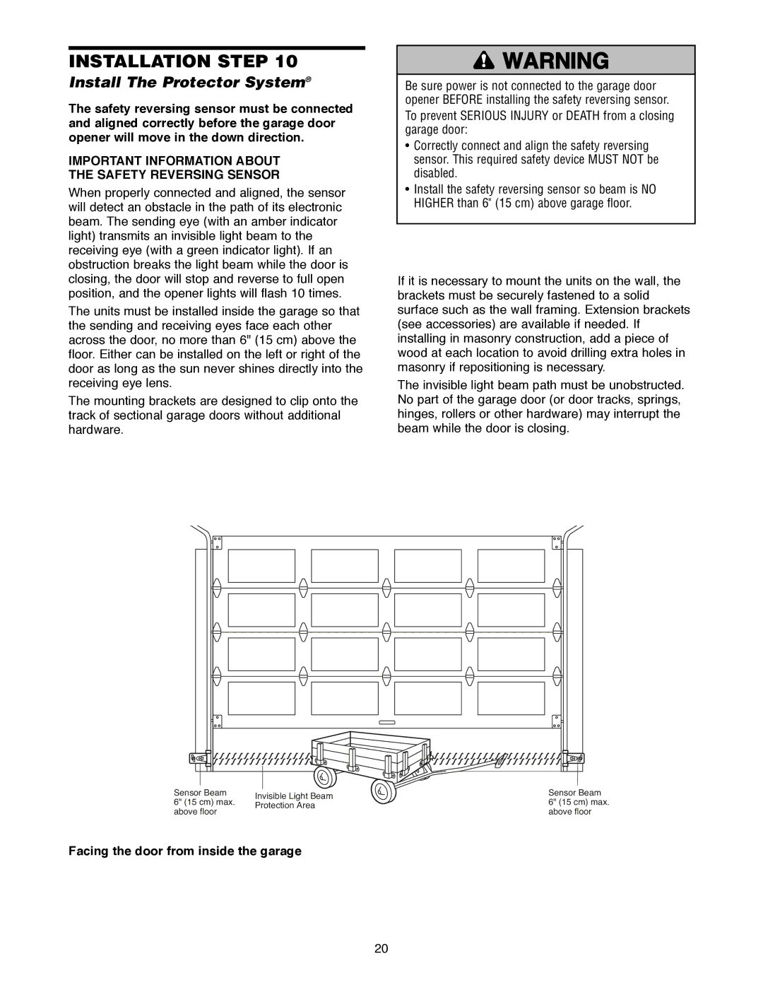 Craftsman 139.18595 Install The Protector System, Important Information about Safety Reversing Sensor, Protection Area 