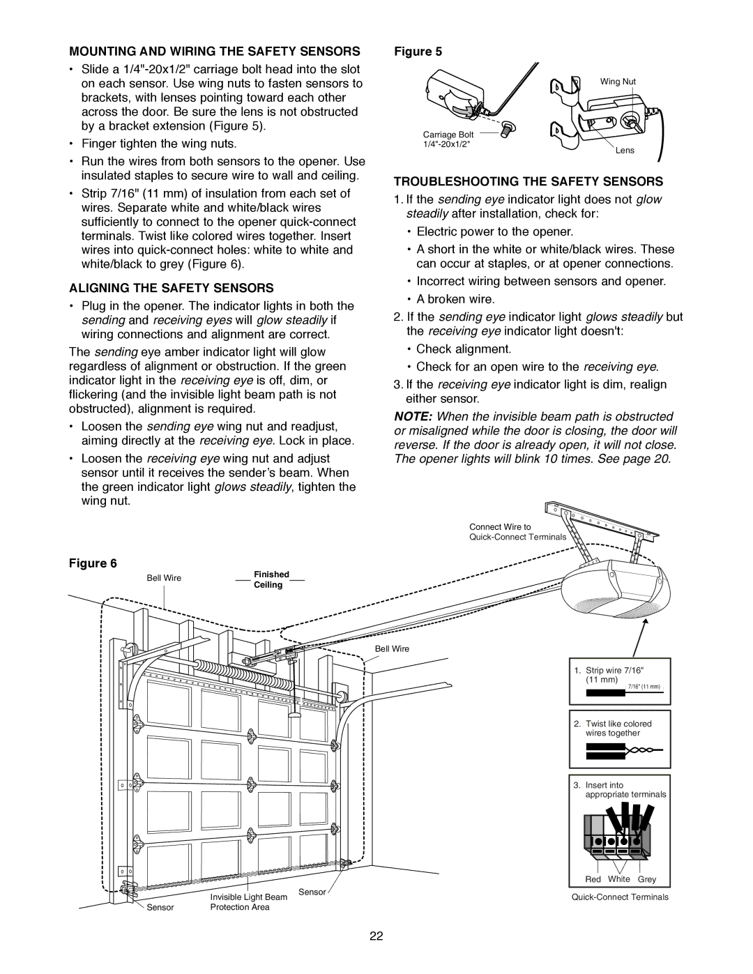 Craftsman 139.18595 Mounting and Wiring the Safety Sensors, Aligning the Safety Sensors, Quick-Connect Terminals 