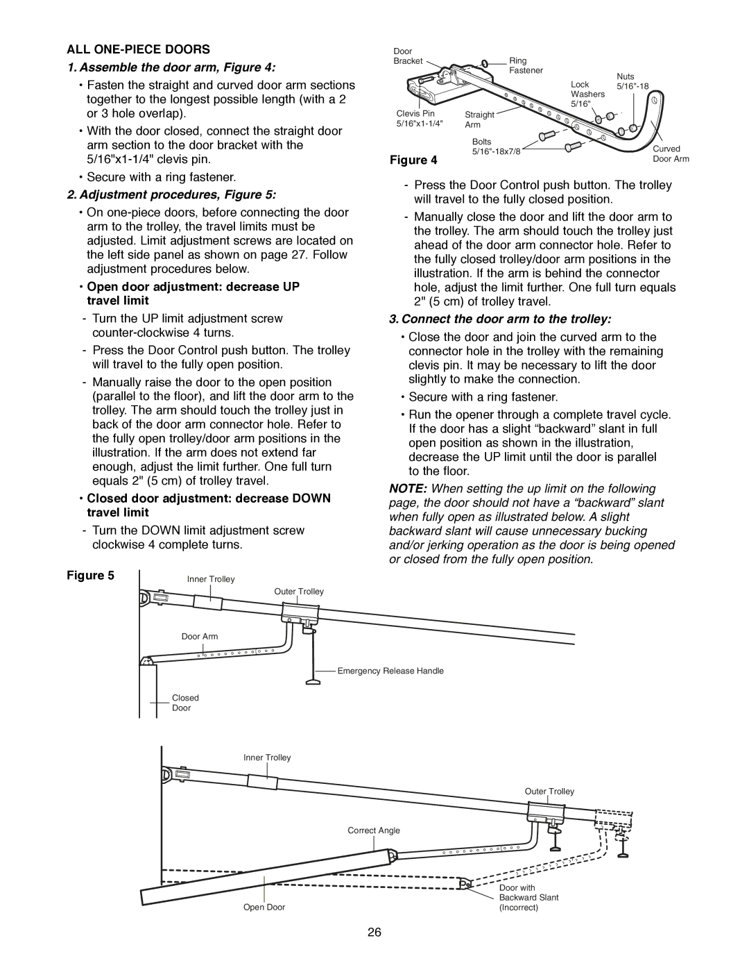 Craftsman 139.18595 owner manual ALL ONE-PIECE Doors, Assemble the door arm, Figure, Adjustment procedures, Figure 