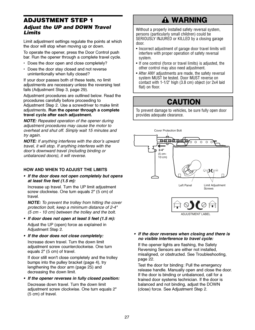 Craftsman 139.18595 Adjustment Step, Adjust the UP and Down Travel Limits, If door does not open at least 5 feet 1.5 m 