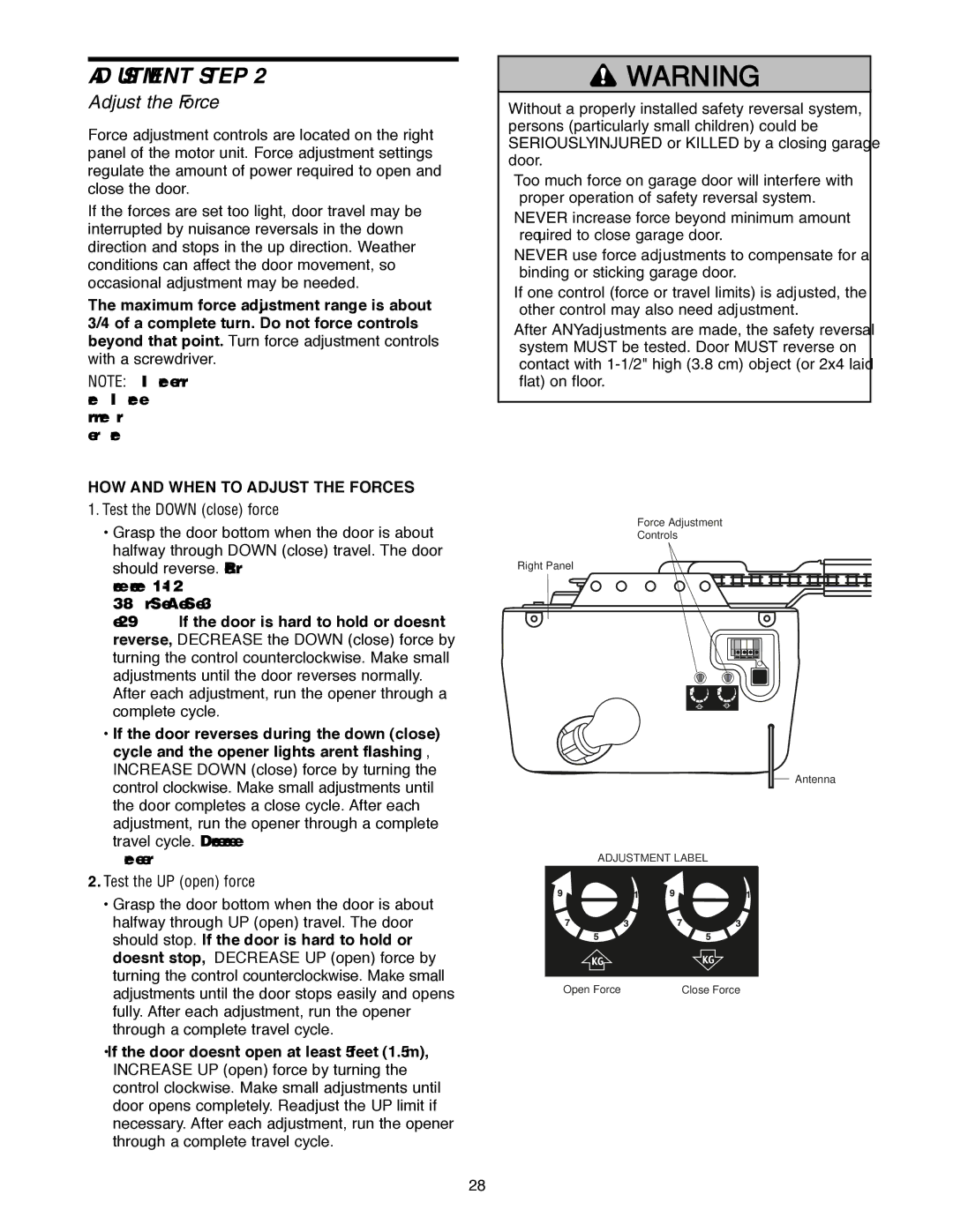 Craftsman 139.18595 owner manual HOW and When to Adjust the Forces, Test the Down close force, Test the UP open force 