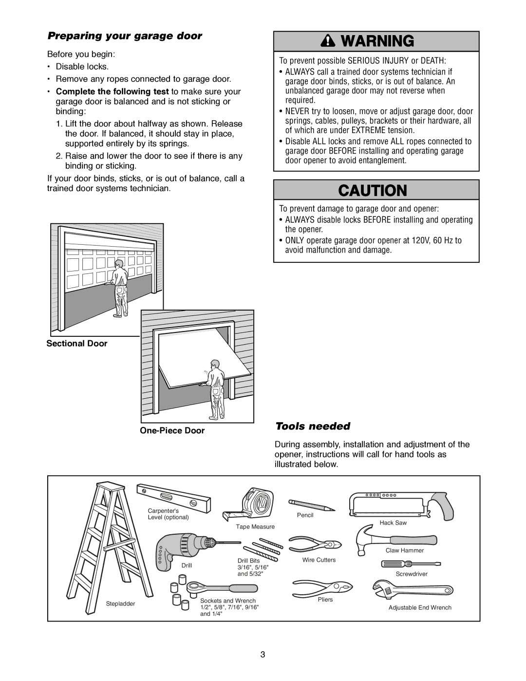 Craftsman 139.18595 owner manual Preparing your garage door, Tools needed 