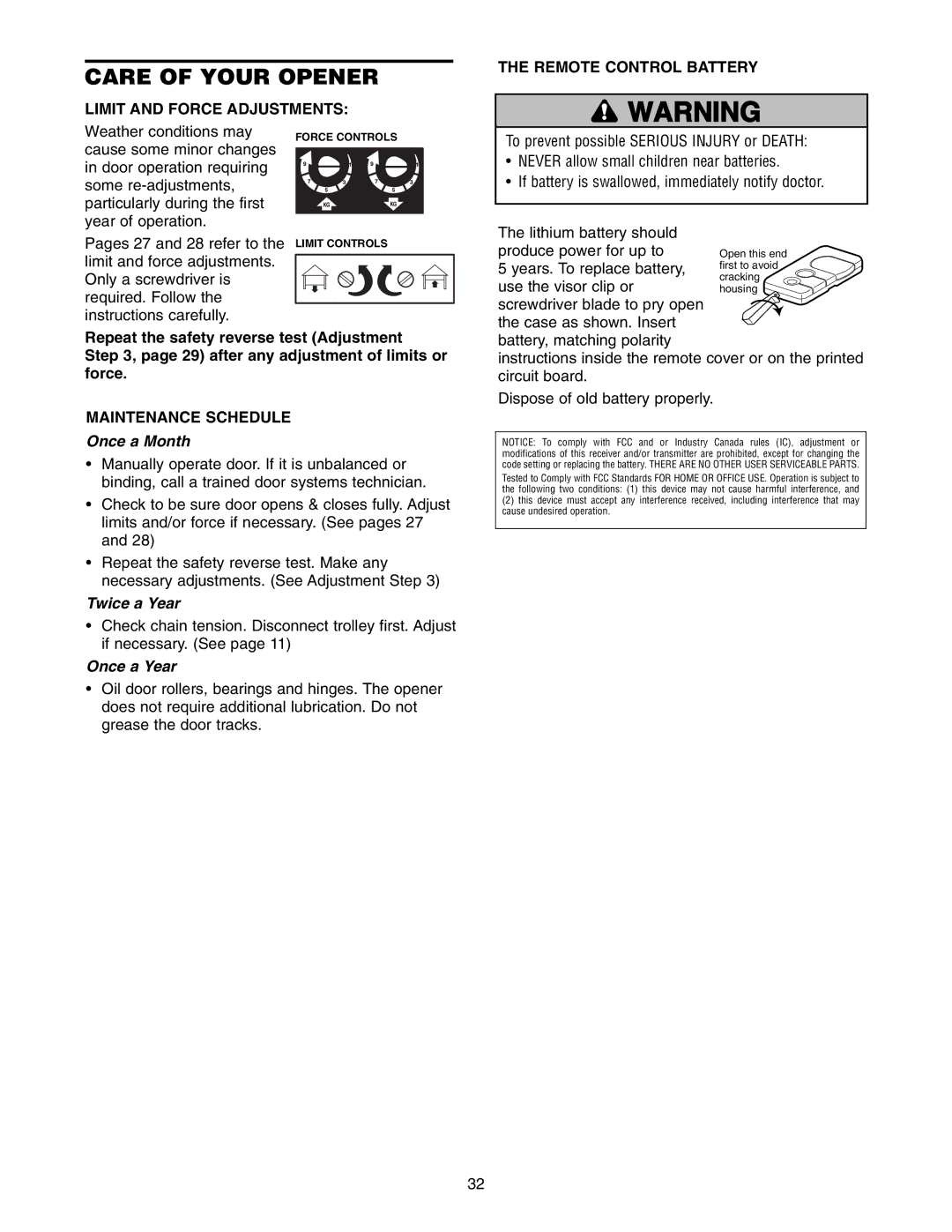 Craftsman 139.18595 owner manual Care of Your Opener, Once a Month, Twice a Year, Once a Year 