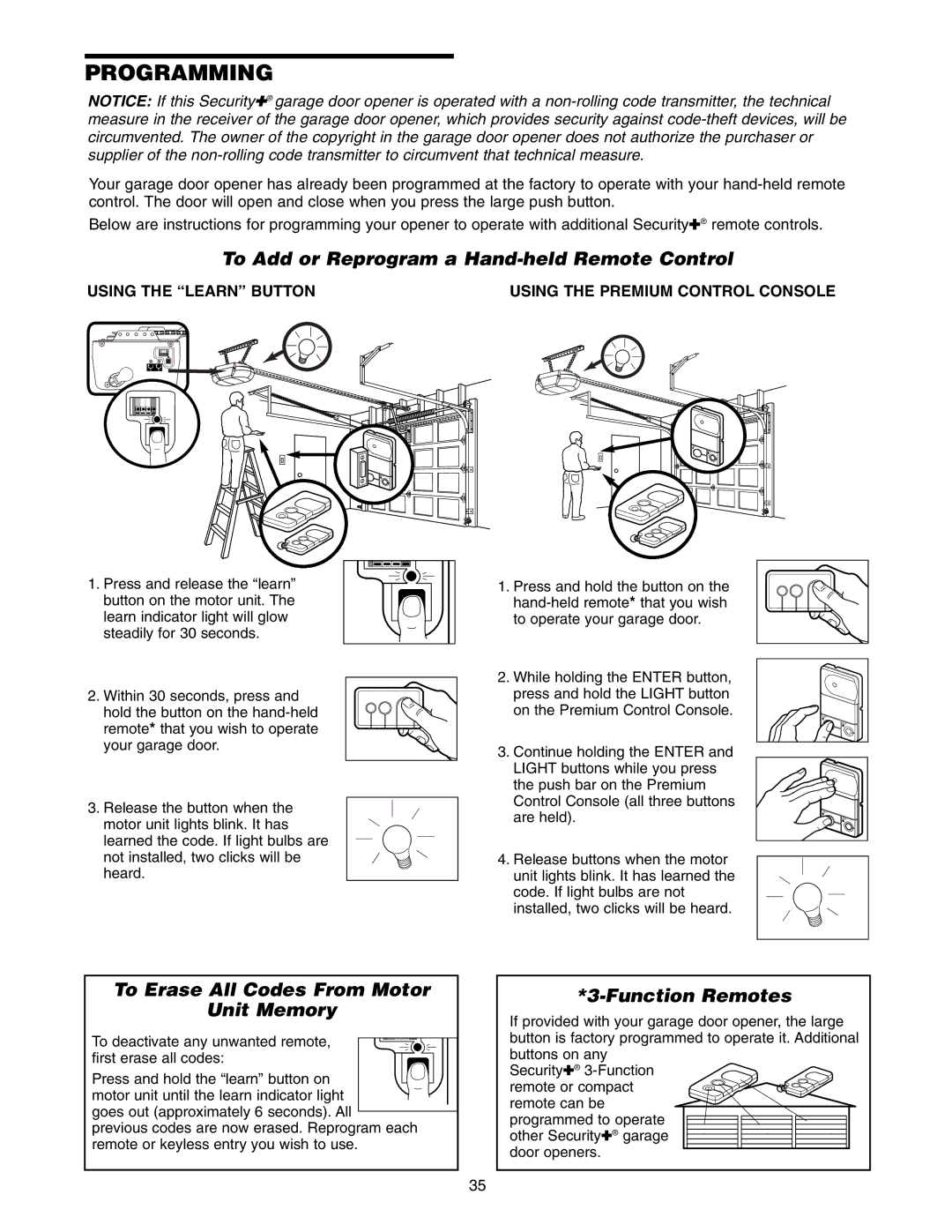 Craftsman 139.18595 Programming, To Add or Reprogram a Hand-held Remote Control, To Erase All Codes From Motor Unit Memory 