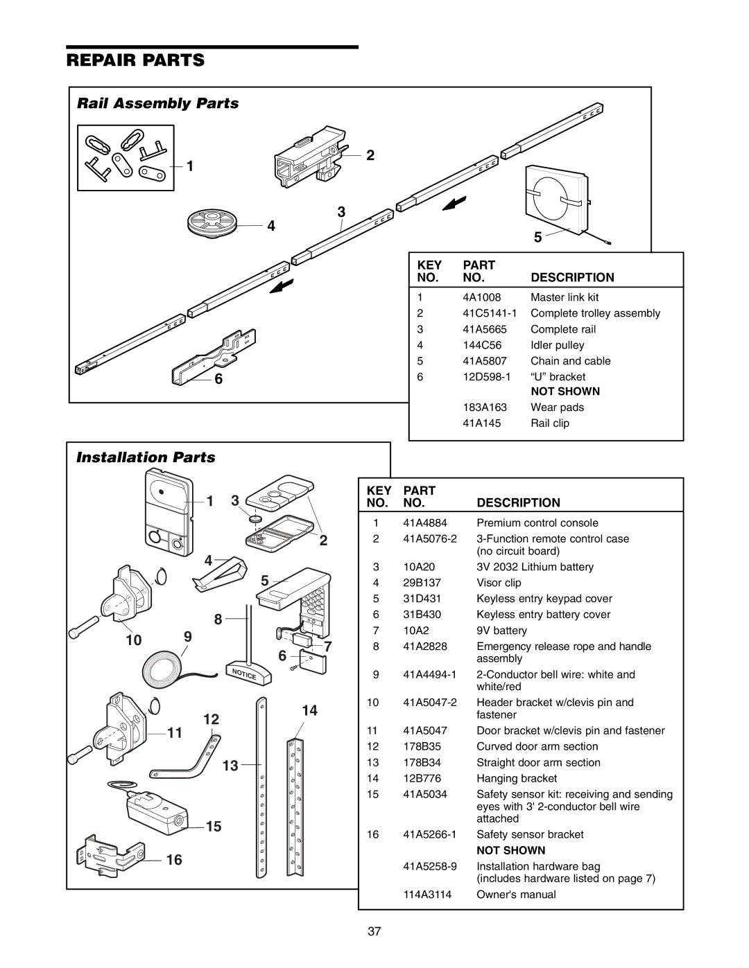 Craftsman 139.18595 owner manual Repair Parts, Rail Assembly Parts, KEY Part Description, Not Shown 