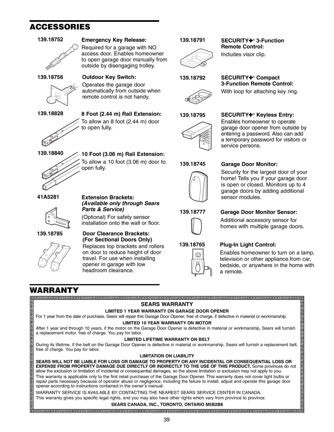 Craftsman 139.18595 owner manual Accessories, Available only through Sears, Parts & Service, Sears Warranty 