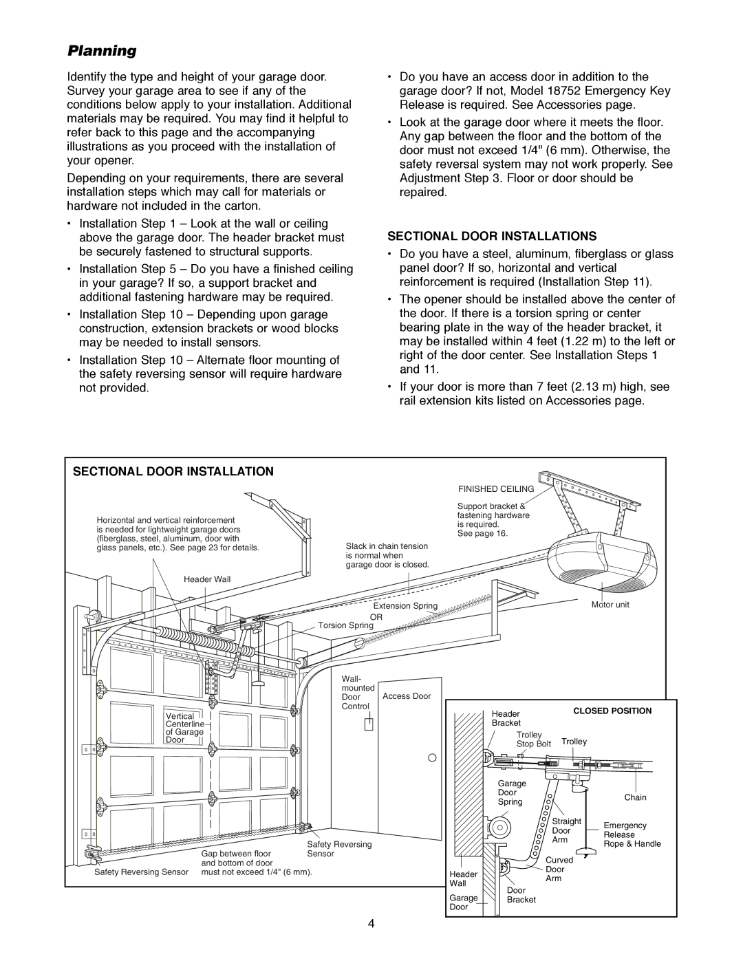 Craftsman 139.18595 owner manual Planning, Sectional Door Installations, Trolley Stop Bolt Trolley 