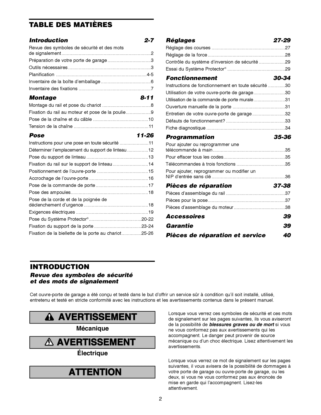 Craftsman 139.18595 Introduction, Montage, Pose 11-26, Réglages 27-29, Fonctionnement 30-34, Programmation 35-36 