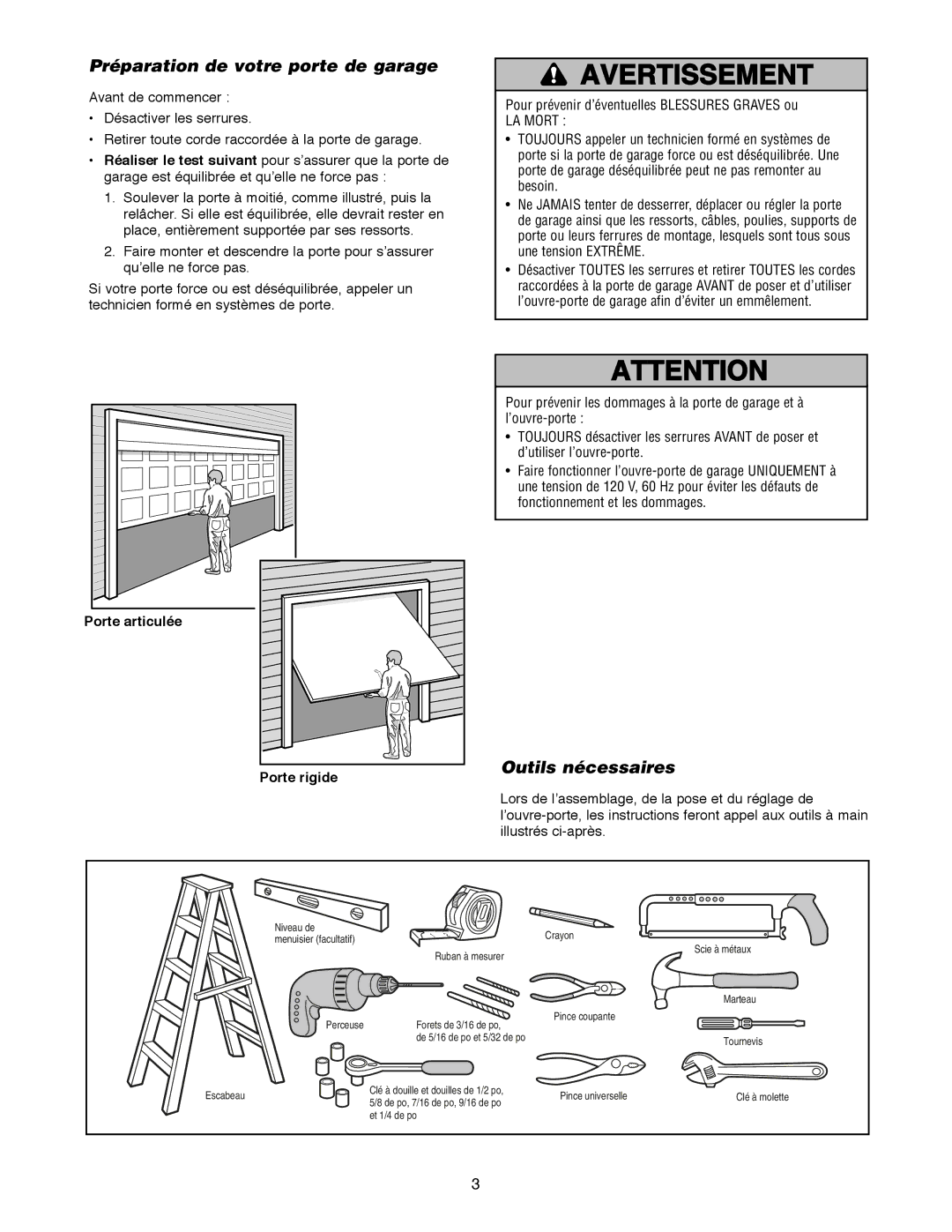 Craftsman 139.18595 owner manual Préparation de votre porte de garage, Outils nécessaires, Porte articulée Porte rigide 