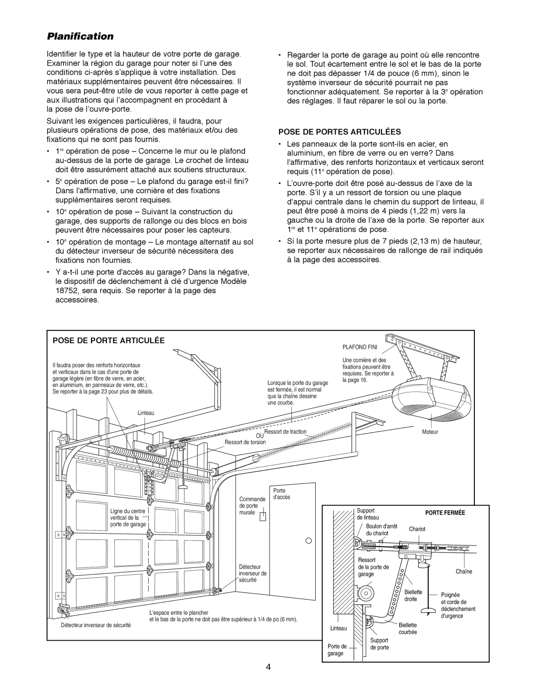 Craftsman 139.18595 owner manual Planification, Pose DE Portes Articulées, Pose DE Porte Articulée 