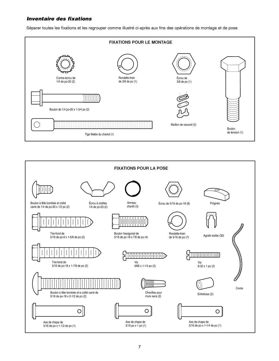 Craftsman 139.18595 owner manual Inventaire des fixations, Fixations Pour LE Montage, Fixations Pour LA Pose 