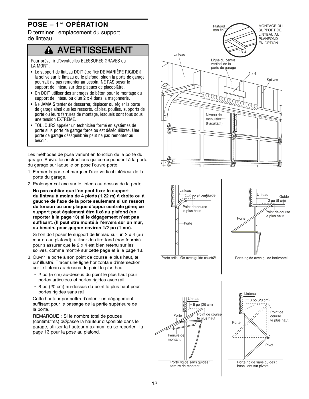 Craftsman 139.18595 owner manual Pose 1re Opération, Déterminer l’emplacement du support de linteau 