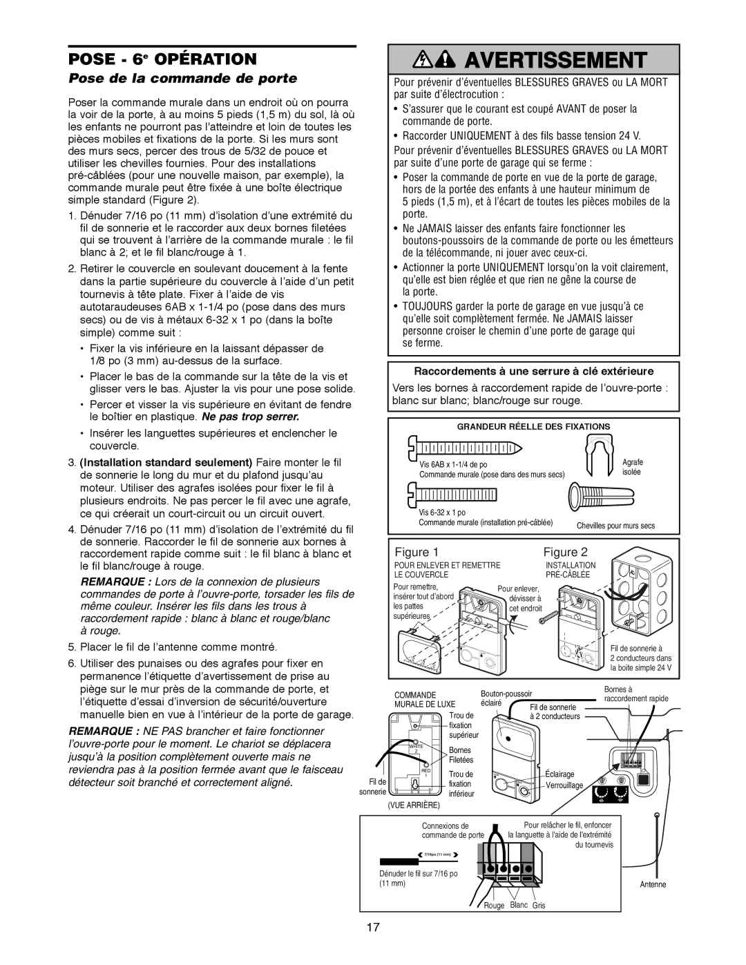 Craftsman 139.18595 owner manual Pose 6e Opération, Pose de la commande de porte, Placer le fil de l’antenne comme montré 