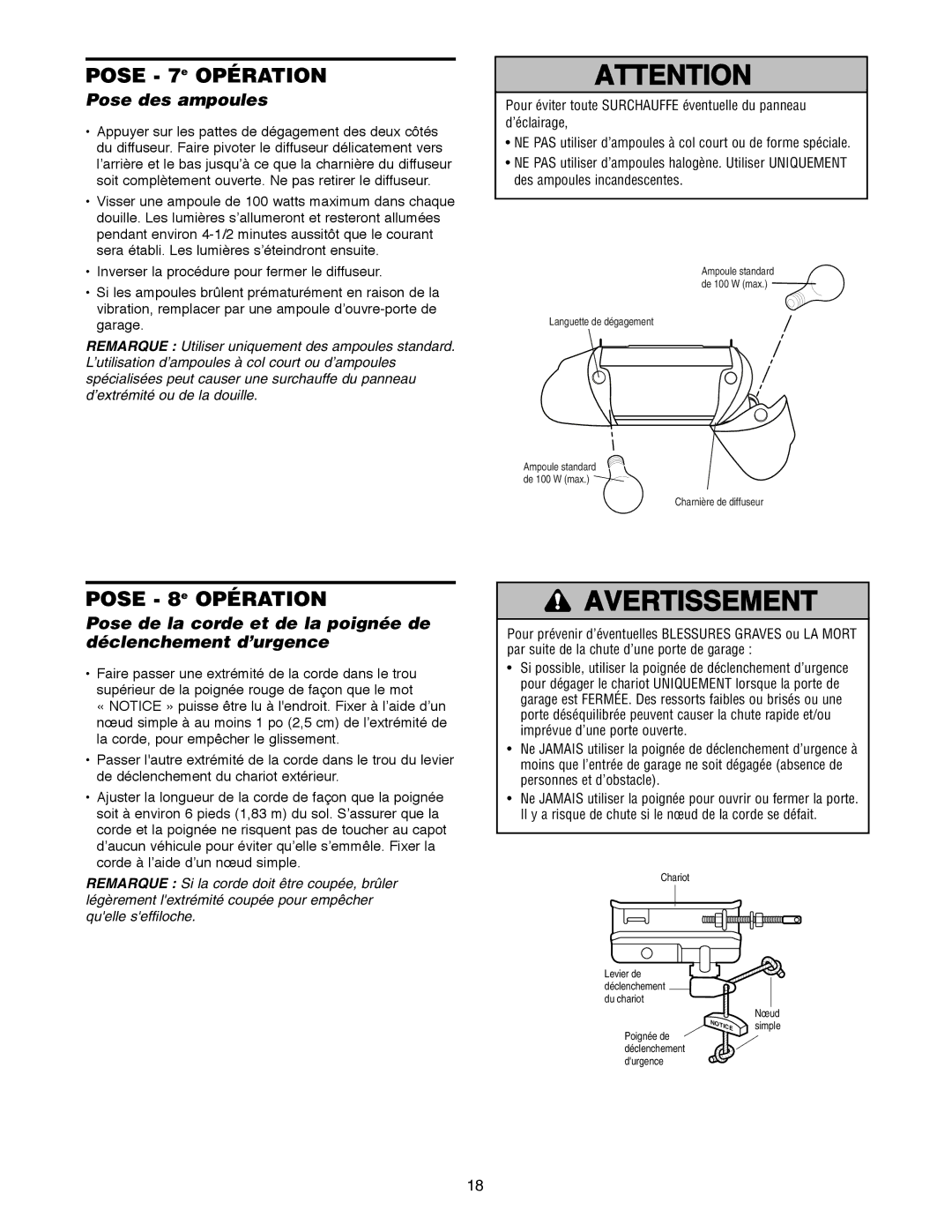 Craftsman 139.18595 owner manual Pose 7e Opération, Pose 8e Opération, Pose des ampoules, Languette de dégagement 