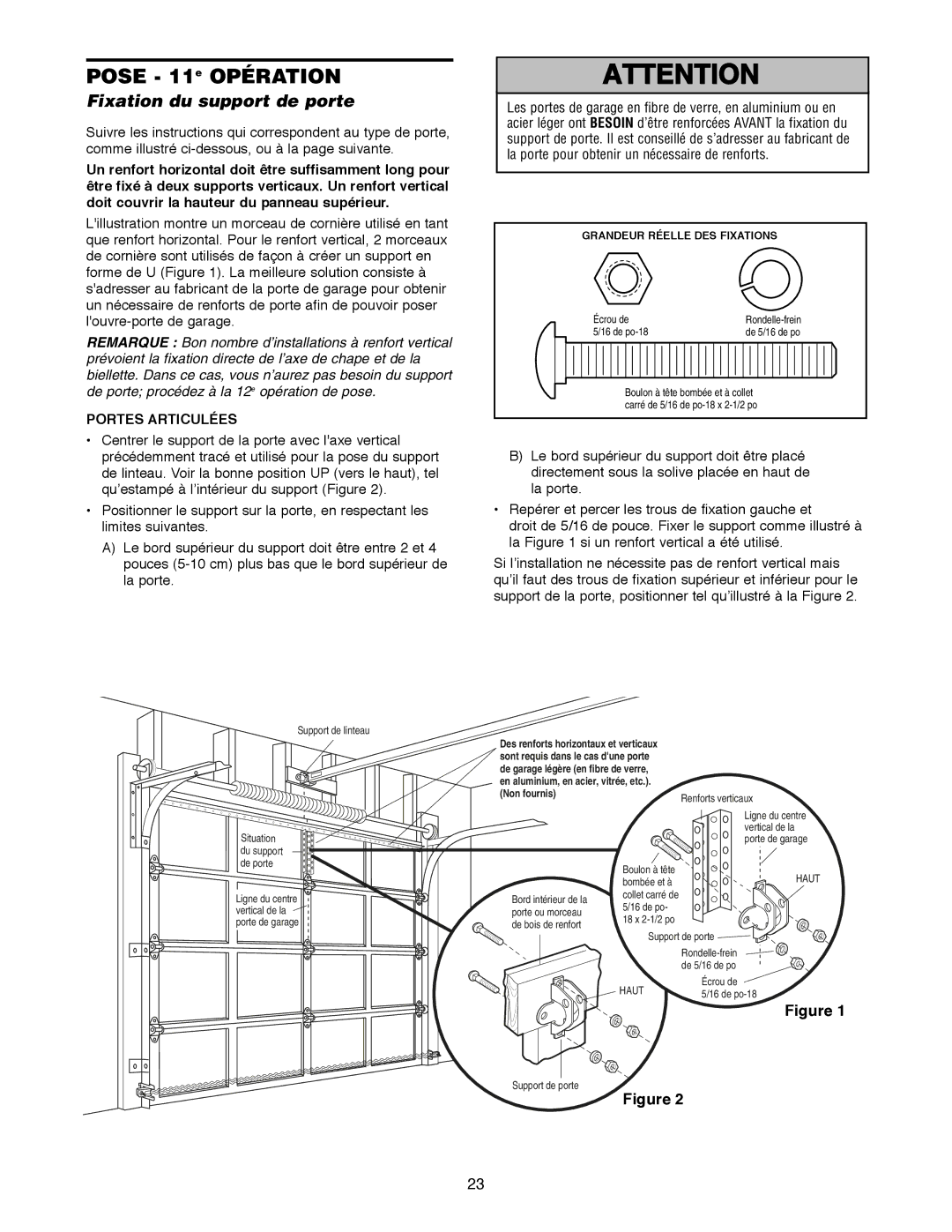 Craftsman 139.18595 owner manual Pose 11e Opération, Fixation du support de porte, Portes Articulées 