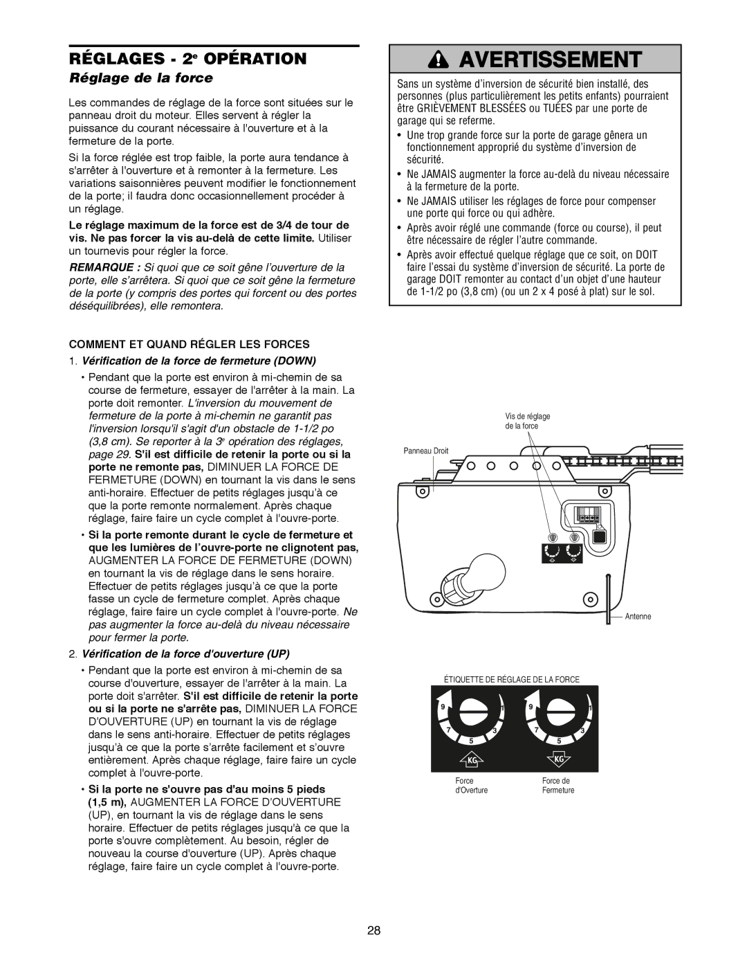 Craftsman 139.18595 owner manual Réglages 2e Opération, Réglage de la force, Comment ET Quand Régler LES Forces 