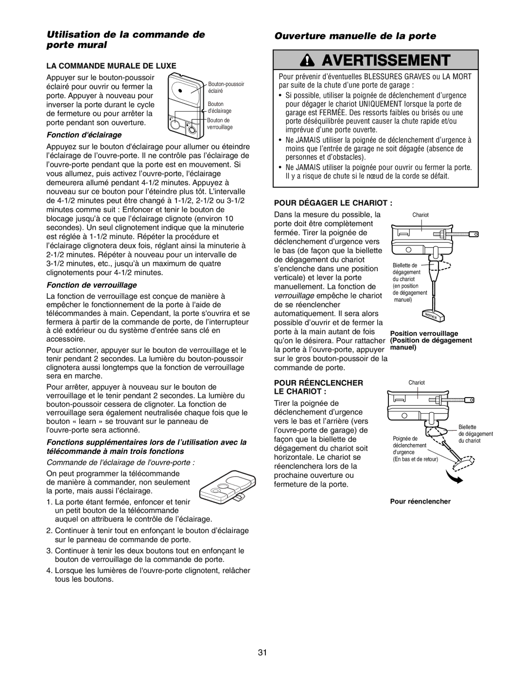 Craftsman 139.18595 Utilisation de la commande de porte mural, Ouverture manuelle de la porte, Fonction déclairage 