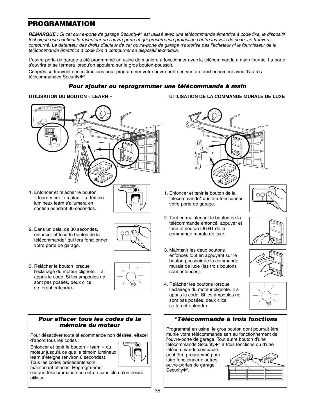 Craftsman 139.18595 owner manual Pour ajouter ou reprogrammer une télécommande à main, Télécommande à trois fonctions 