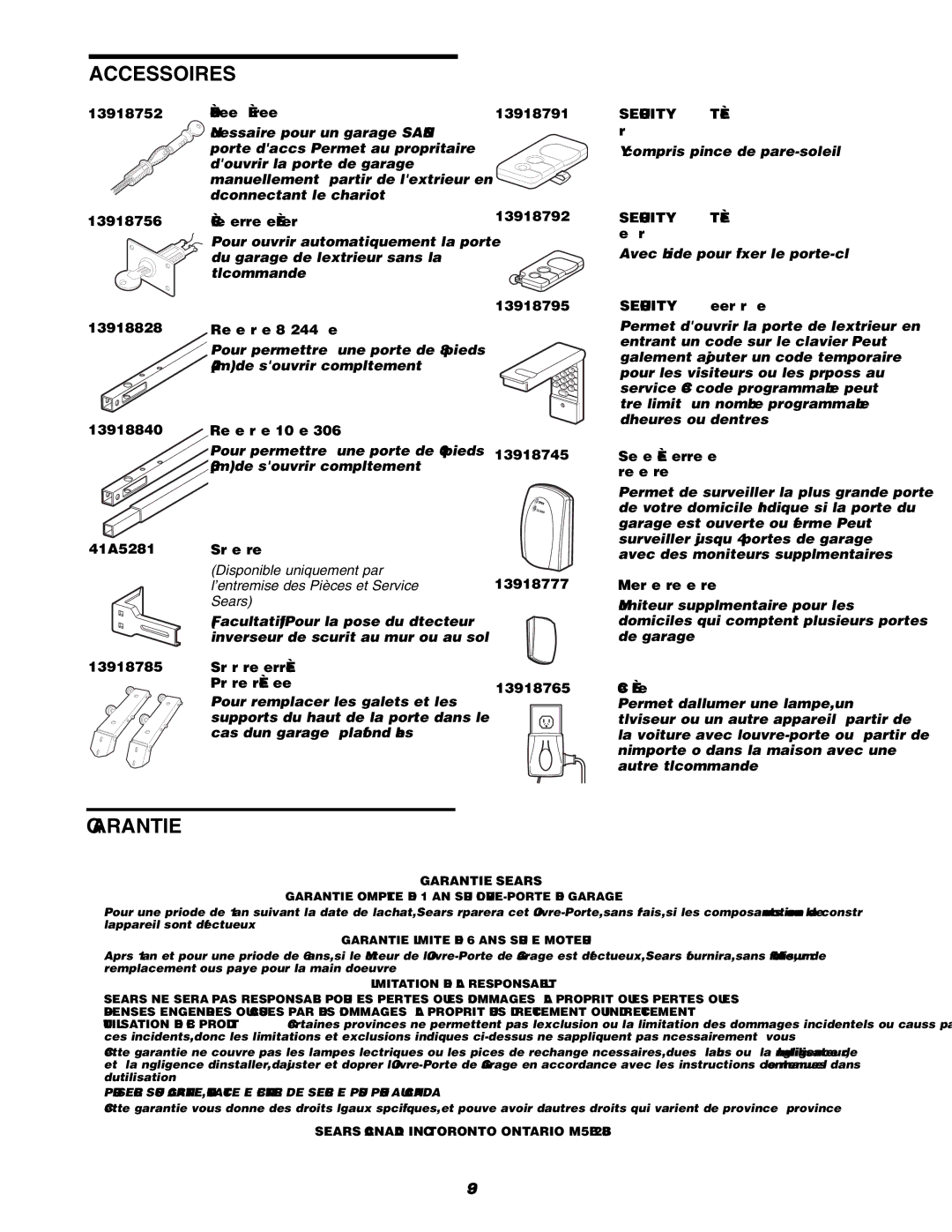 Craftsman 139.18595 owner manual Disponible uniquement par, ’entremise des Pièces et Service, Sears 