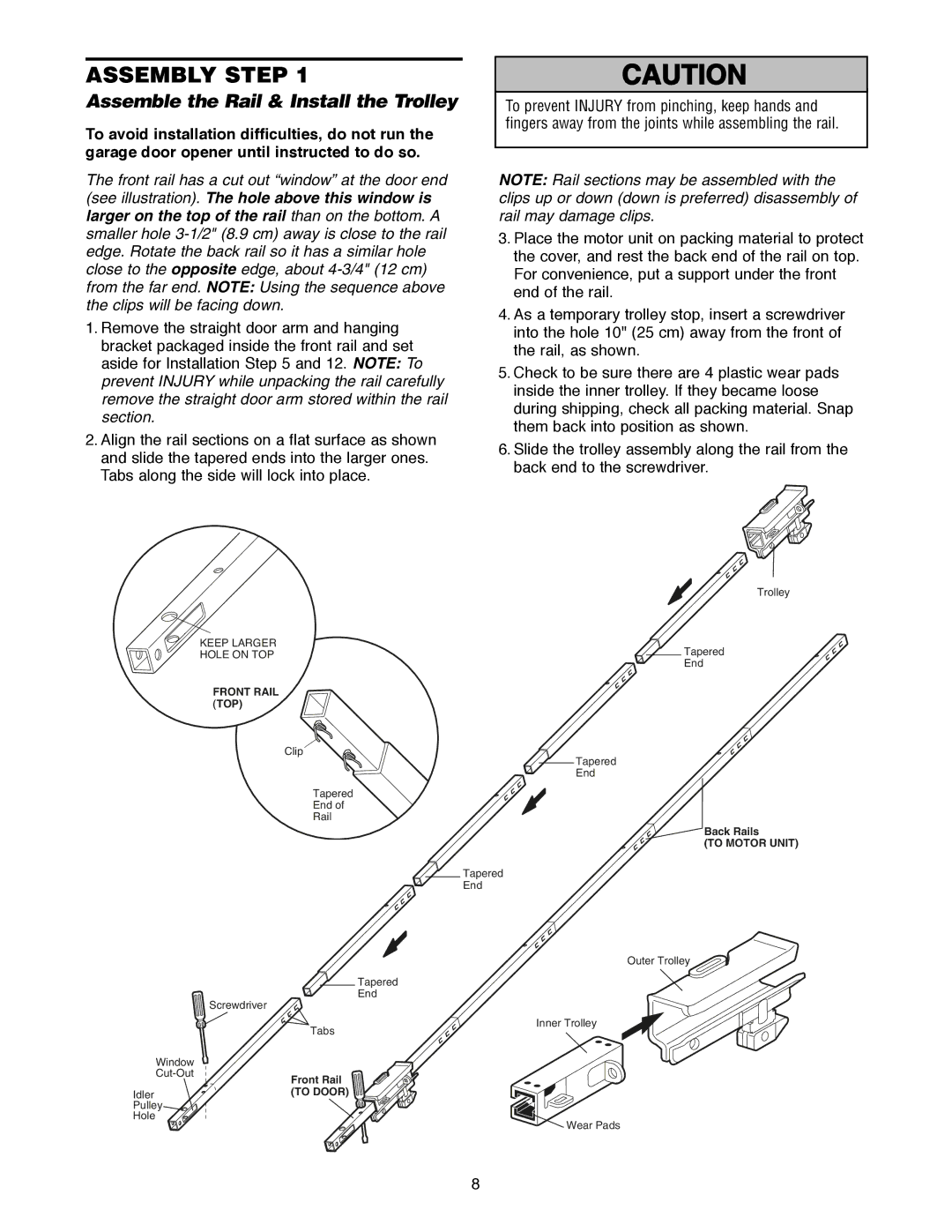 Craftsman 139.18595 Assembly Step, Assemble the Rail & Install the Trolley, Hole on TOPTapered End, Clip Tapered End Rail 