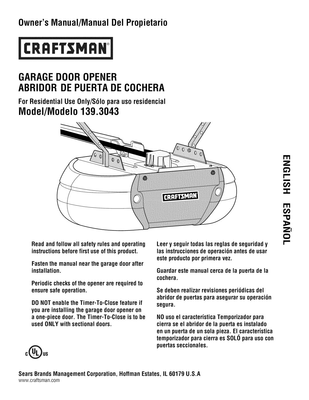 Craftsman 139.3043 owner manual Garagedooropener Abridorde Puertadecochera 