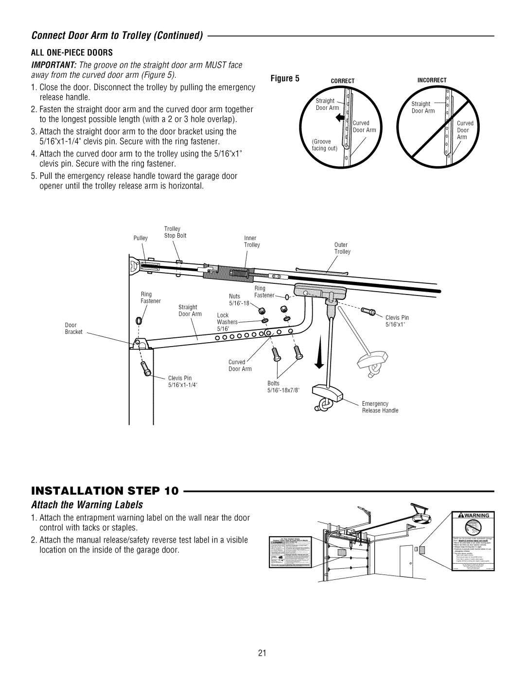 Craftsman 139.3043 owner manual ConnectDoorArm to Tro//ey, Attach the Warning Labels, Outer, Ring, Bracket DoorArm 