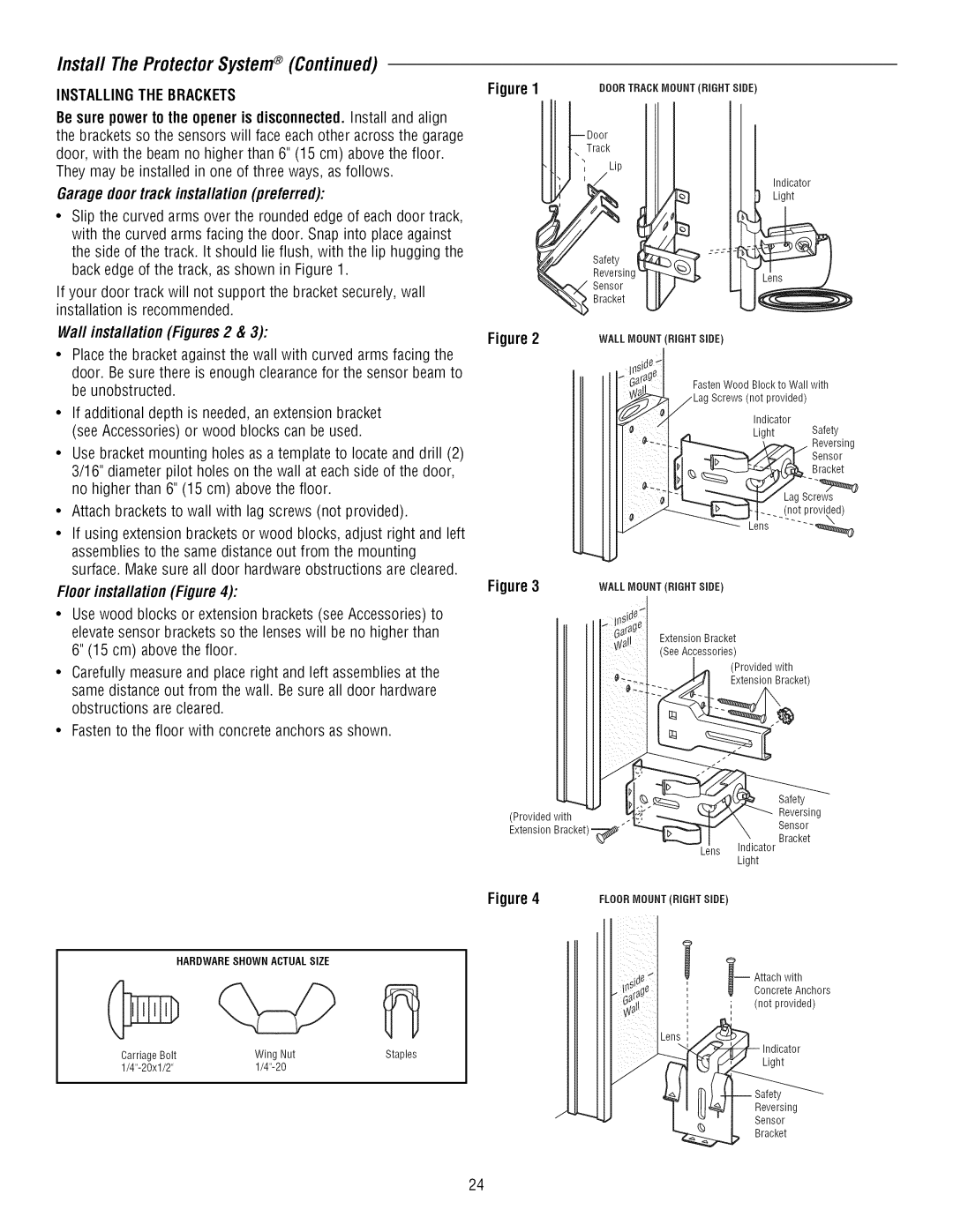 Craftsman 139.3043 owner manual Instal/The ProtectorSystem, Installingthe Brackets, Garage door trackinstallation preferred 