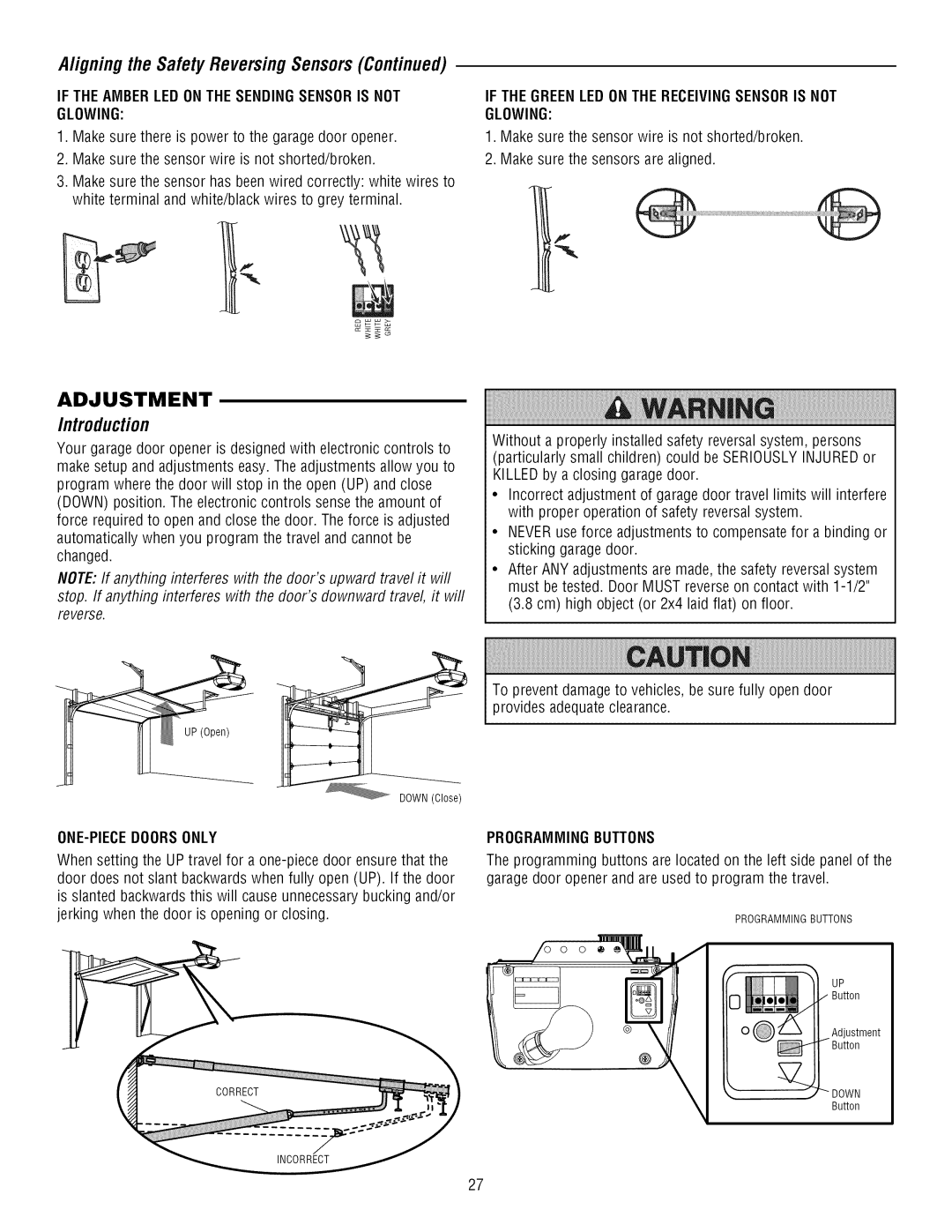 Craftsman 139.3043 owner manual Aligning the Safety Reversing Sensors, If the Amberled Onthe Sendingsensoris not Glowing 