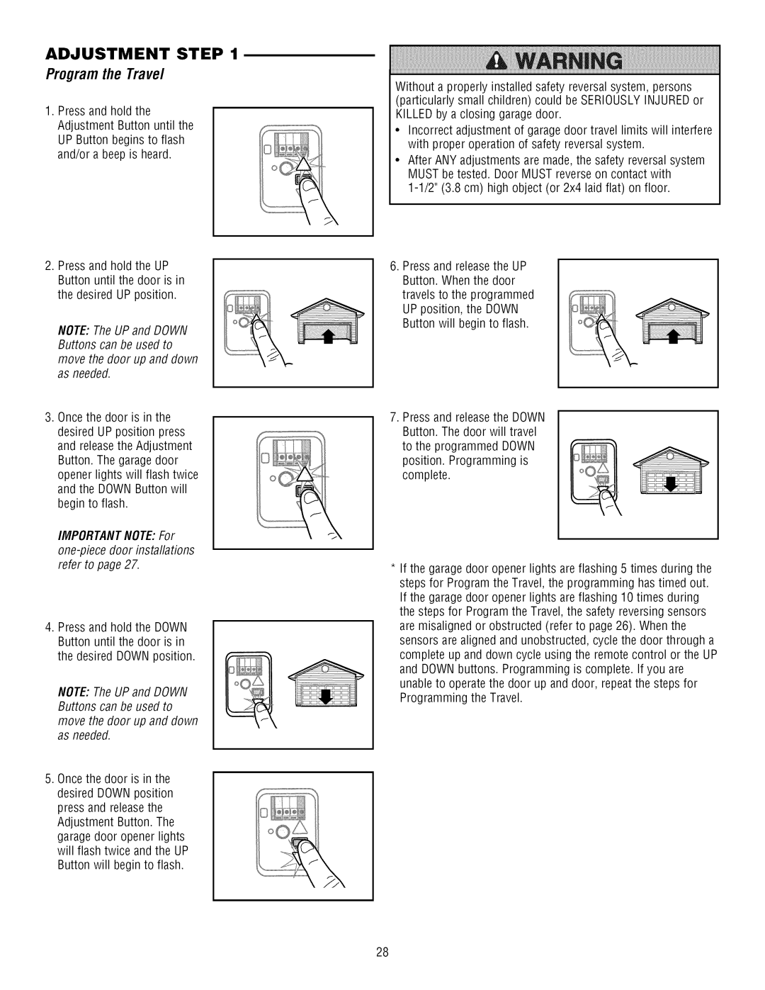 Craftsman 139.3043 owner manual Programthe Travel, IMPORTANTNOTEFor one-piece door installations refer to 