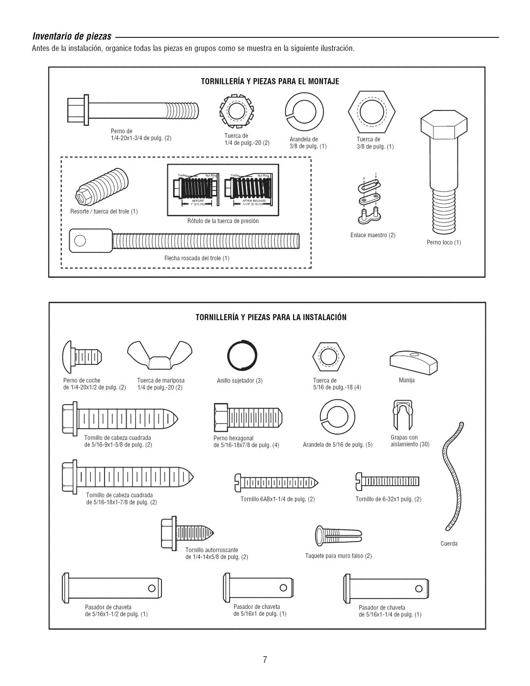 Craftsman 139.3043 Inventario de piezas, Tornilleriay Piezasparaelmontaje, Tornilleriay Piezasparalainstalacion 