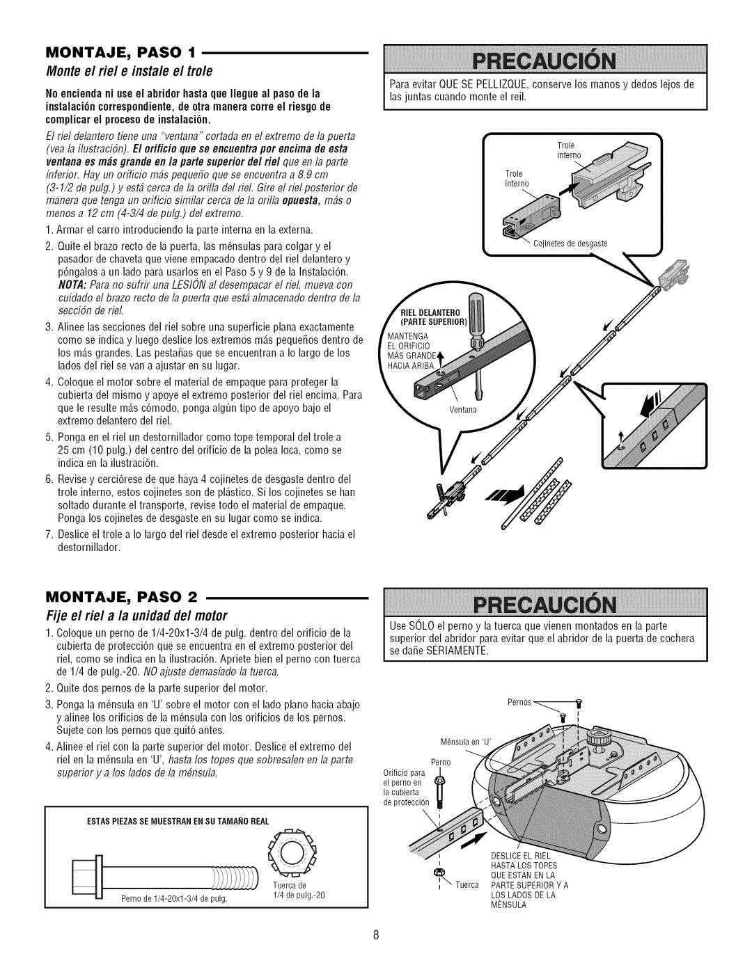 Craftsman 139.3043 owner manual Monte e/fie/e insta/e e/tro/e, Fije e/tie/a la unidadde/motor, Partesuperior 