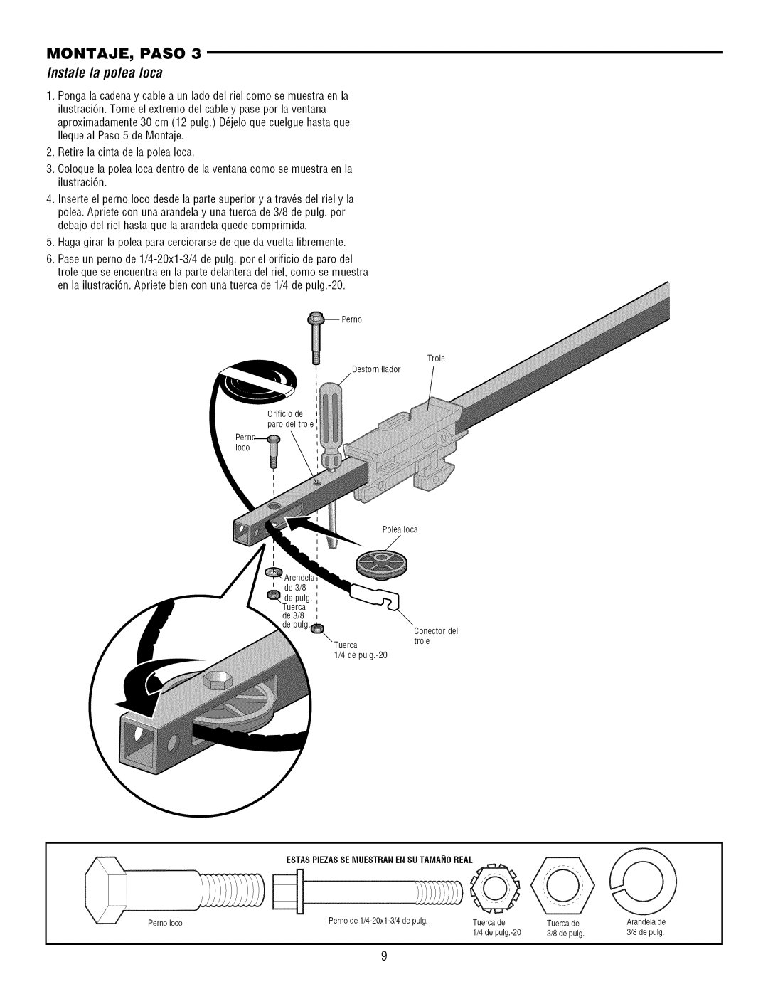 Craftsman 139.3043 owner manual Nstale la po/ea Ioca, Trole Destornillador Orificiode paro deltrole 