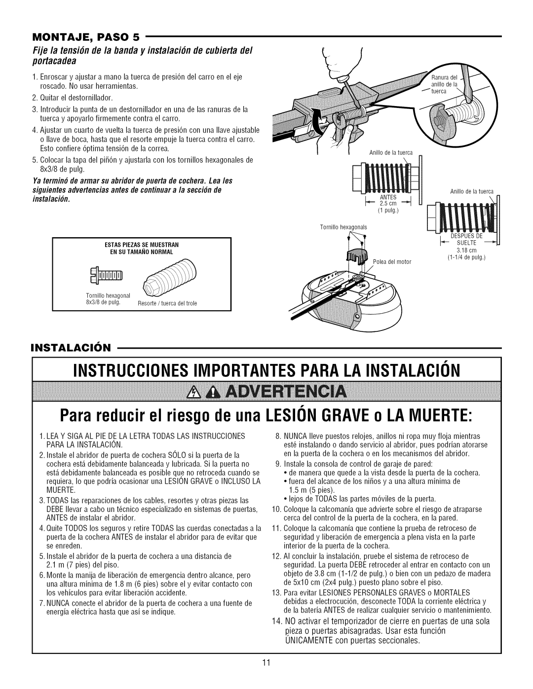 Craftsman 139.3043 owner manual Instruccionesimportantesparalainstalacion, Estas Piezasse Muestran EN SU Tamaionormal 