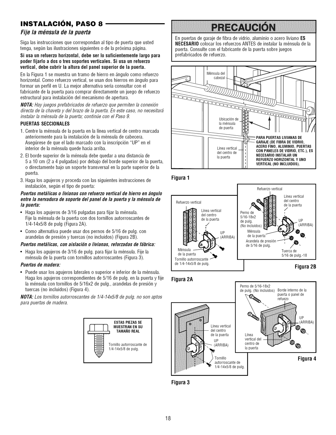 Craftsman 139.3043 owner manual Fije la m6nsuladela puerta, Puertasseccionales, Puertas de madera 