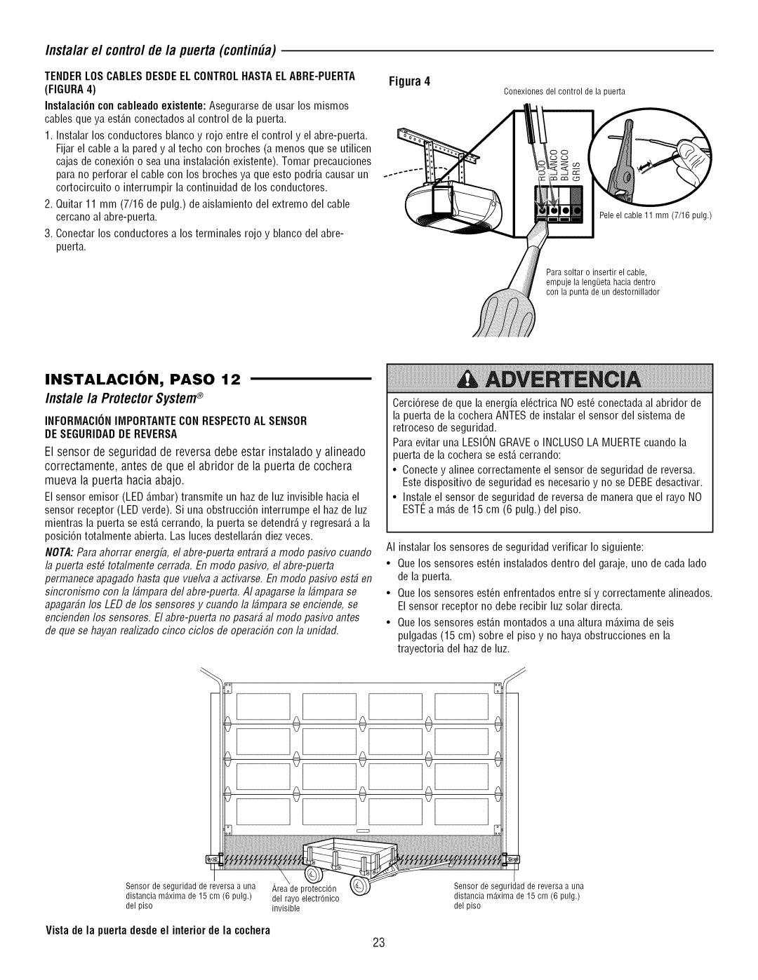 Craftsman 139.3043 owner manual Instalar e/contro/de/a puerta continUa, Instale la ProtectorSystem+ 