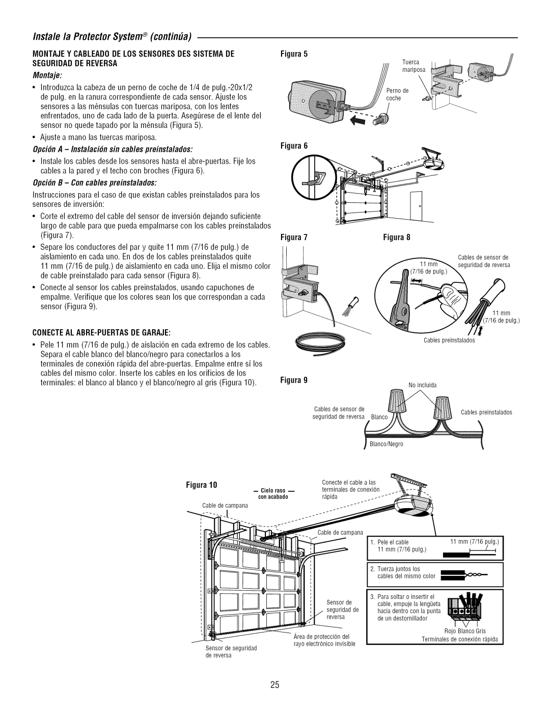 Craftsman 139.3043 owner manual Insta/e /a ProtectorSystem contin#a, Montaje, Opci#n a Instalaci#nsin cables preinstalados 