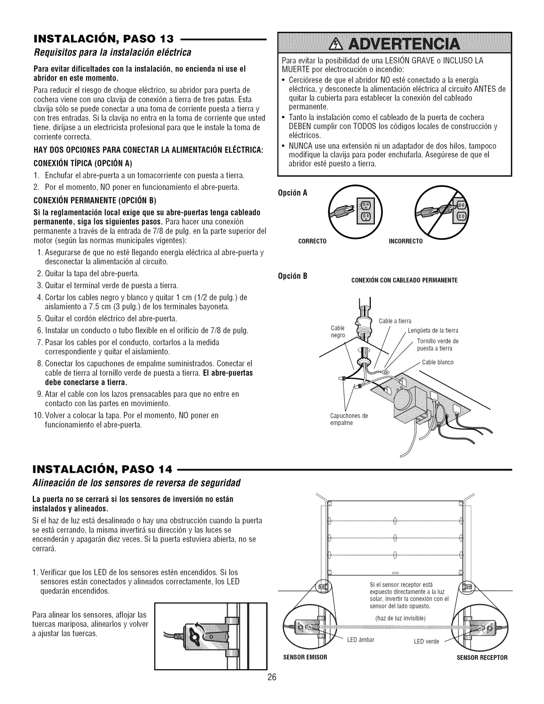 Craftsman 139.3043 Requisitospara /a insta/aciCne/ ctrica, AlineaciCnde los sensoresde reversa de seguridad, Sensor Emisor 