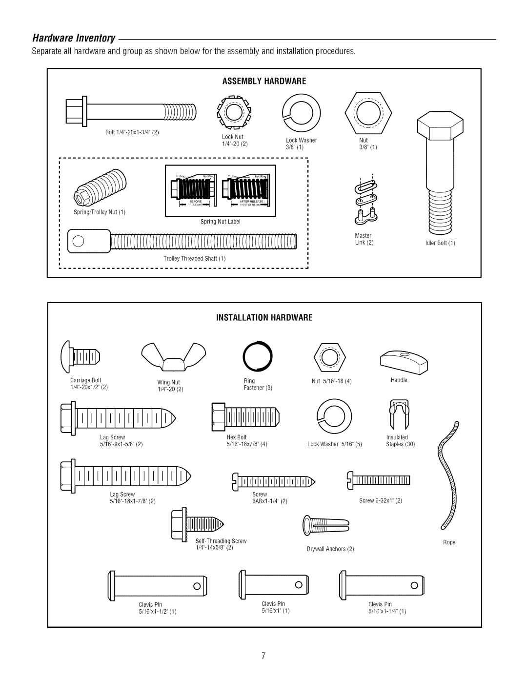 Craftsman 139.3043 owner manual HardwareInventory, Assemblyhardware, Installationhardware, Nut 