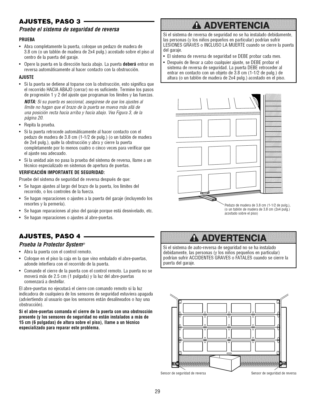 Craftsman 139.3043 owner manual Pruebe e/sistema de seguridadde reversa, Prueba la ProtectorSystem, Ajuste 