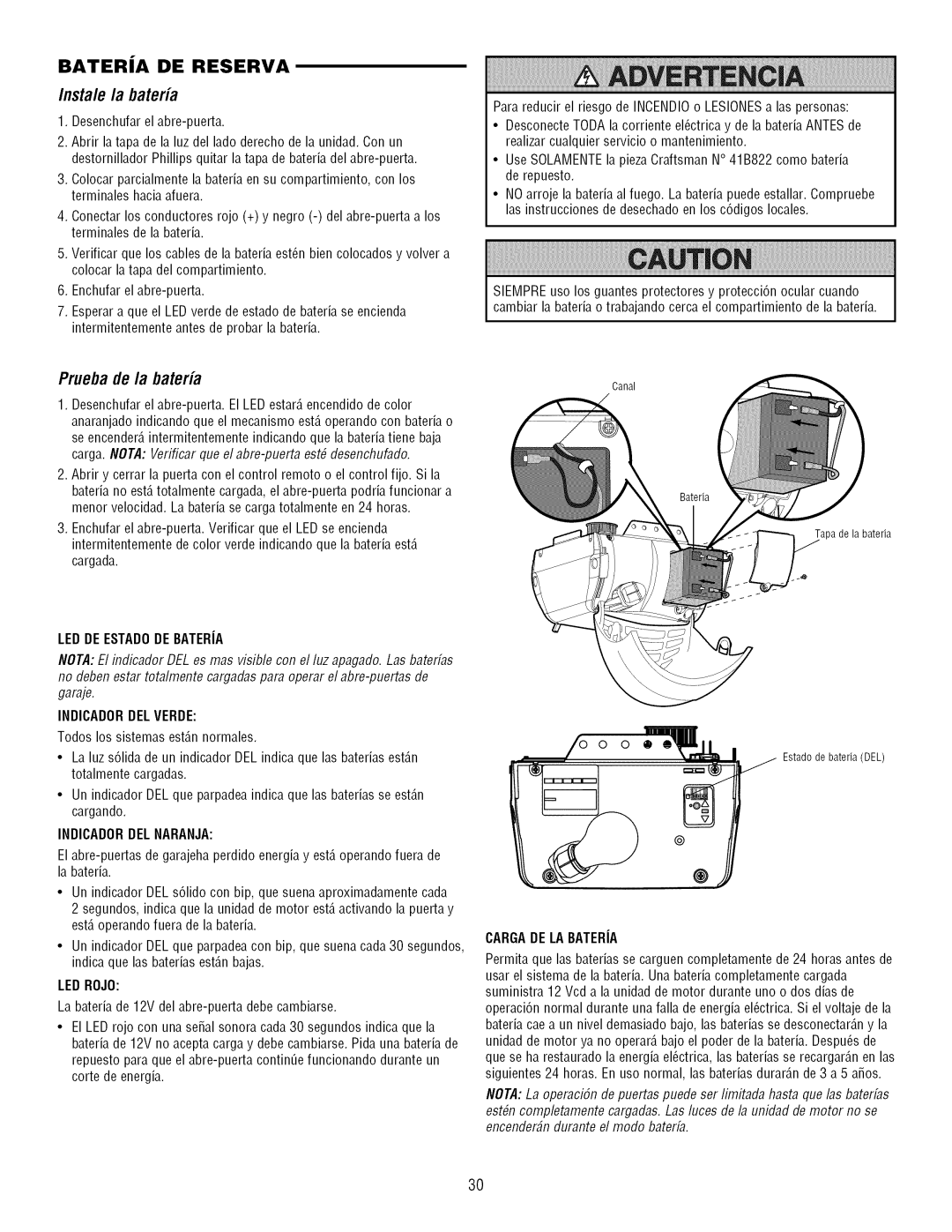 Craftsman 139.3043 owner manual Instale la bateria, Prueba de la bateria 