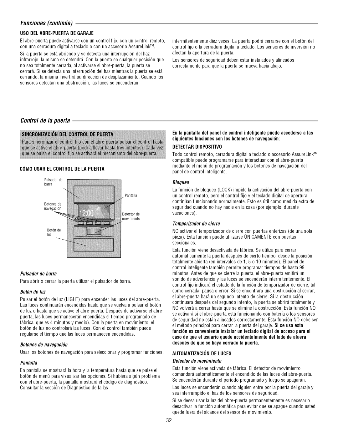 Craftsman 139.3043 owner manual Funcionescontin#a, Contro/de /a puerta, Pu/sadordebarra 